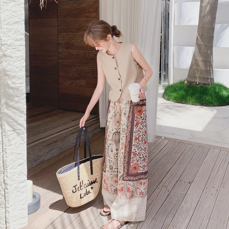 小众松弛感套装裤女2025夏季新款西装马甲民族风印花阔腿裤两件套