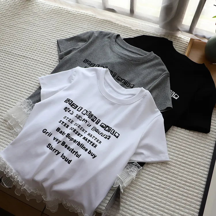 圆领20253559夏季新品上衣韩版字母T恤蕾丝拼接短袖女印花