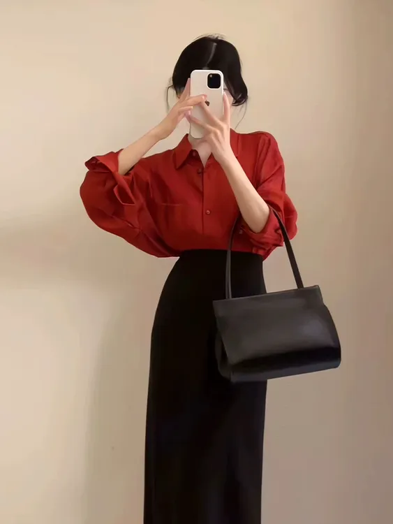 红色系一整套ootd穿搭高端时尚气质衬衫半身裙两件套装裙2025春季