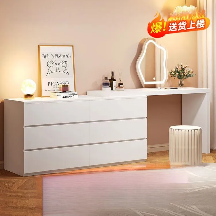 奶油风化妆桌梳妆台斗柜一体家用卧室现代简约小户型可伸缩收纳柜