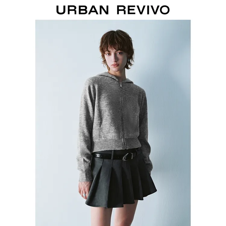 UR2025冬季新款女装休闲简约连帽口袋拉链针织开衫UYY950085+