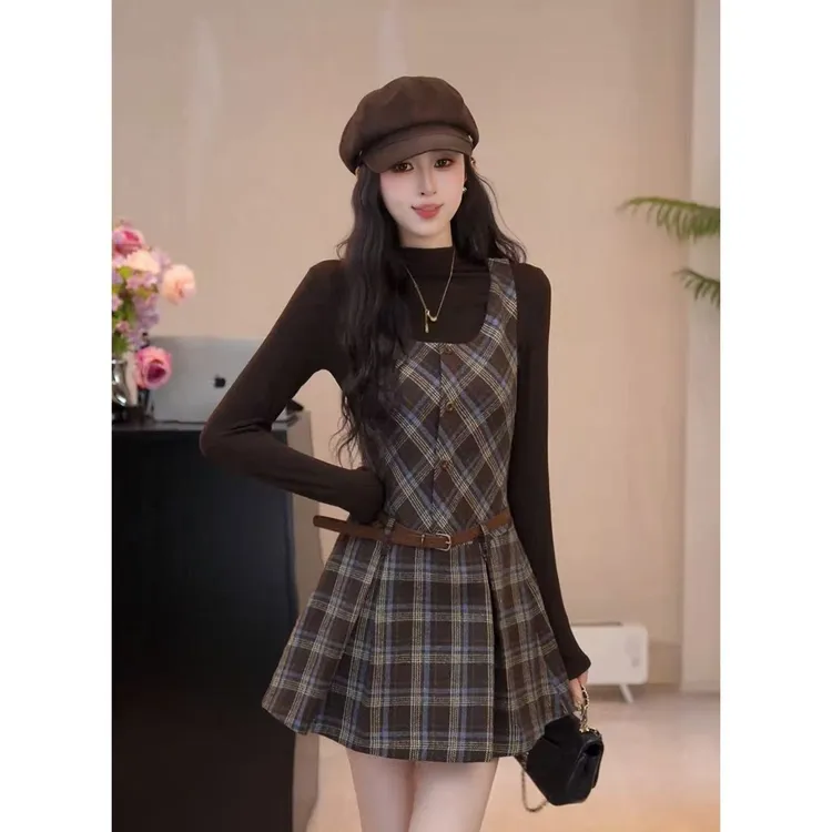 YUANLIANSU/圆脸酥【杨柳依依】法式高领打底衫+格纹连衣裙两件套女