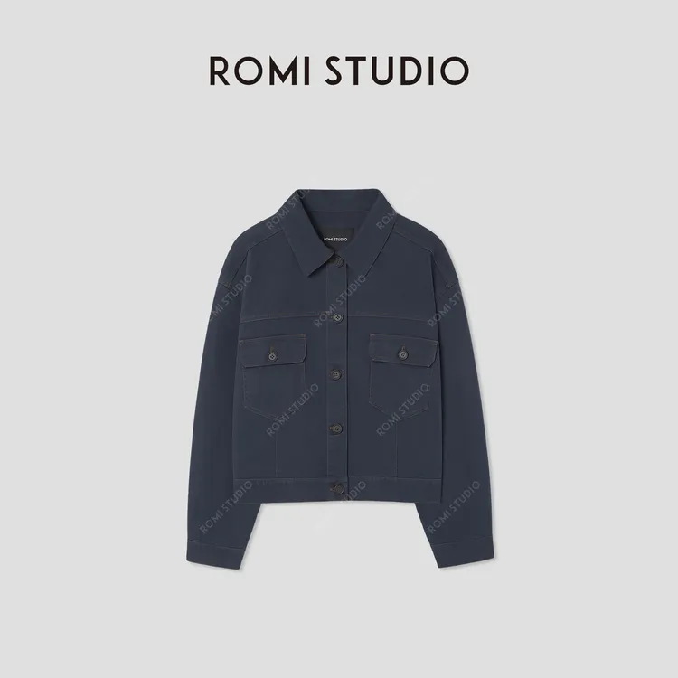 ROMI STUDIO“美式复古”棉锦混纺挺括撞色做旧短款外套RW24LWY1188