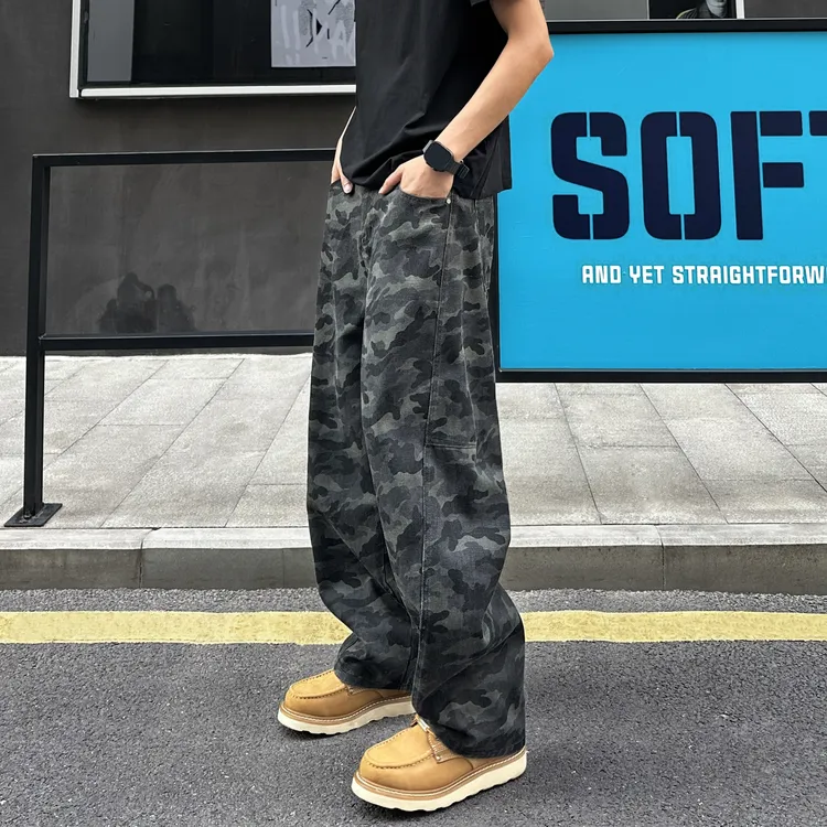 QUALCOMM潮牌美式迷彩弯刀牛仔裤男女同款秋冬季复古撞色直筒长裤