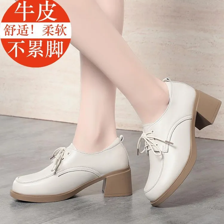 范哲萨粗跟小皮鞋女2025新款春秋单鞋英伦风系带中跟乐福鞋女
