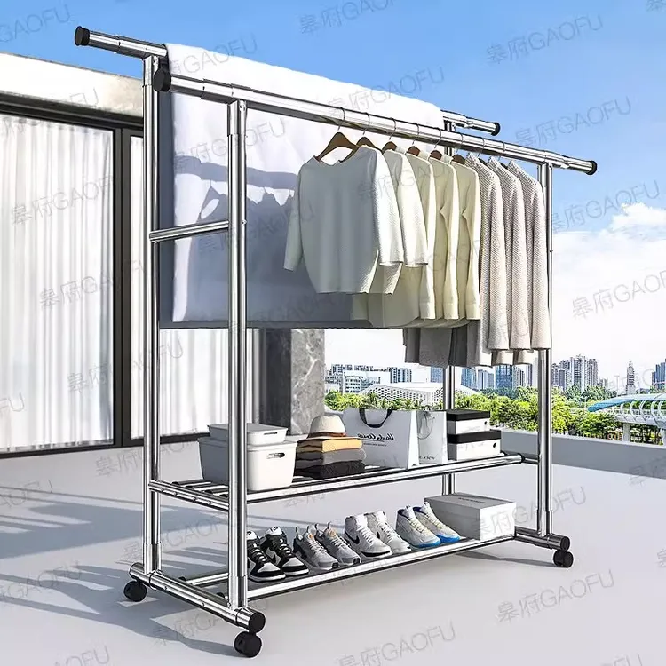 加粗不锈钢晾衣架落地衣帽架家用可移动单双杆晒被子衣服架挂衣架