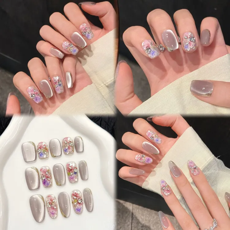 Leeの花漾情话 干花玻璃珠猫眼爆款短甲高级感温柔纯手工穿戴甲