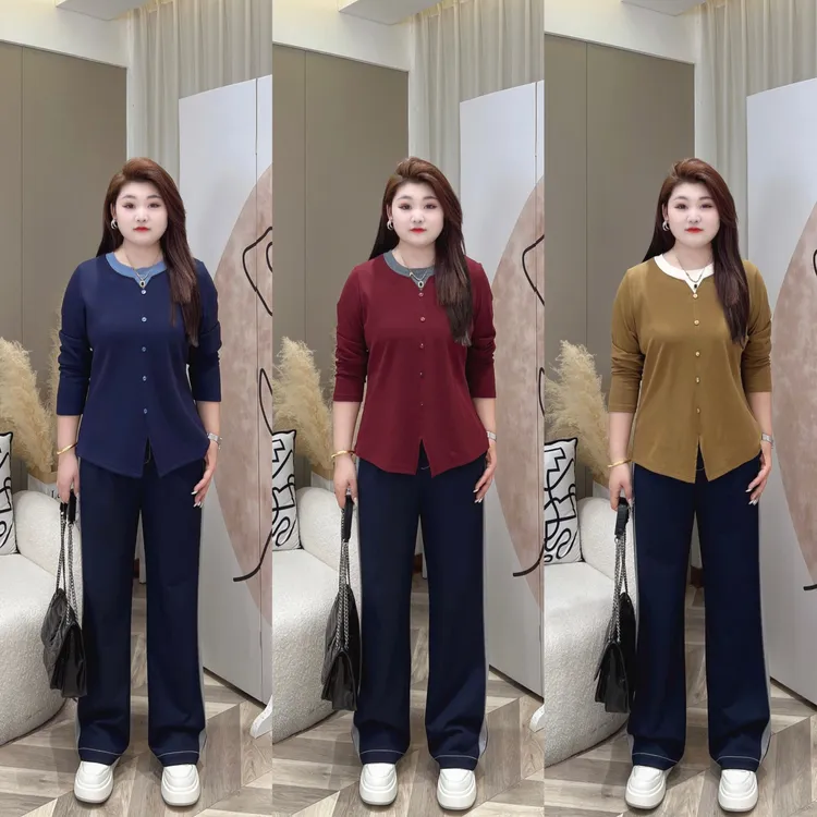 【上新上衣】PMM82171早秋新款简约撞色显瘦假两件休闲大码女装T恤