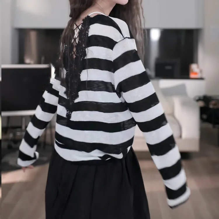2025春夏季新款韩版时尚休闲条纹蕾丝贴花镂空长袖上衣LK2502677