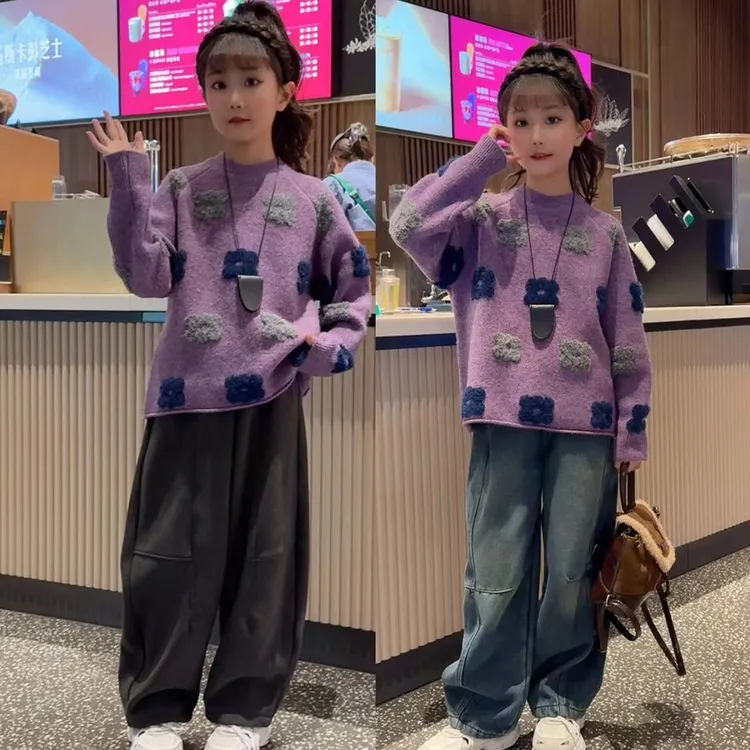 2025新款女童韩版时尚潮流加绒加厚毛衣加绒弯刀裤套装潮