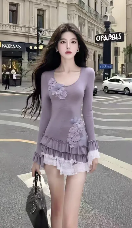 新款时尚休闲风紫色修身U领长袖高腰设计感连衣裙女显瘦气质短裙