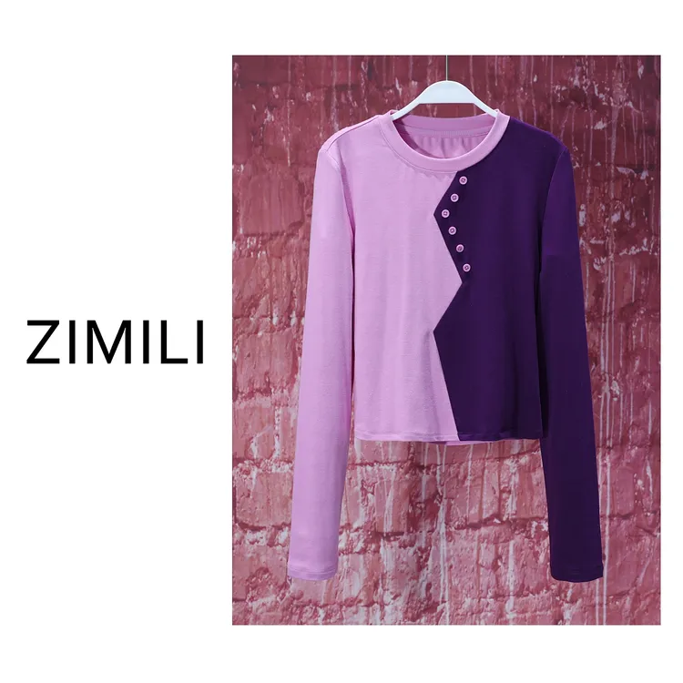 【LIANG哥女装】2025欧版莱赛尔轻薄粉/葡萄紫拼色高弹显瘦上衣6257
