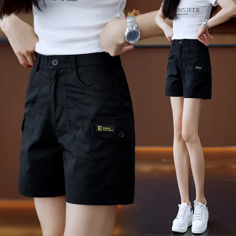 夏季新款薄款多口袋高腰帅气直筒女工装休闲短裤时尚显瘦大码洋气
