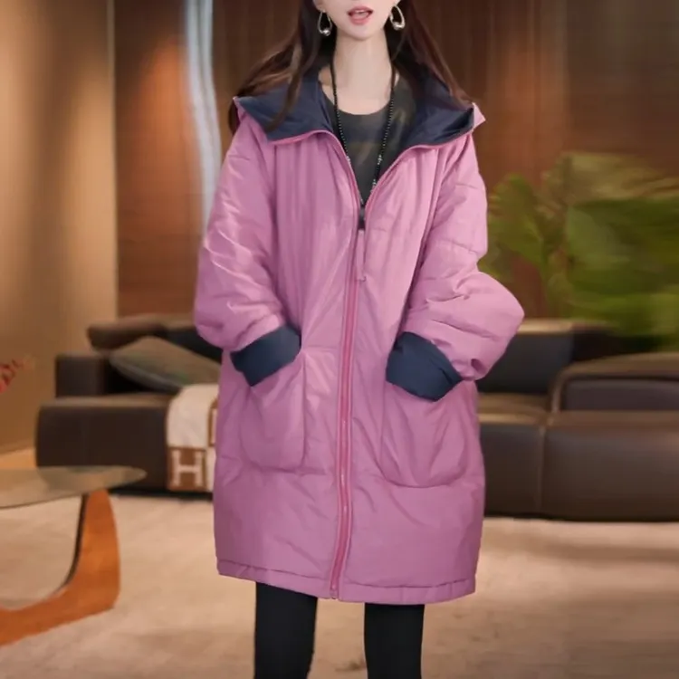 冬季保暖双面穿连帽棉服外套女2025新款设计感宽松中长款棉衣大衣