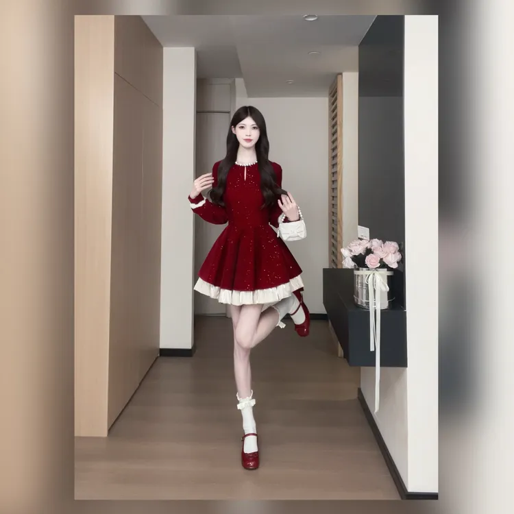 松本丧丧酒红丝绒连衣裙珍珠领毛绒袖闪片双层摆显甜贵B254Q1988
