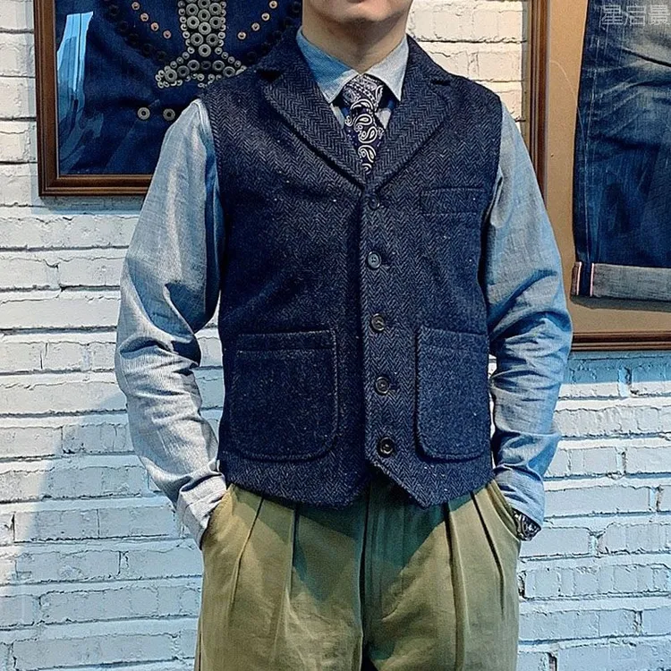 红风重磅美式复古毛呢马甲RRL粗花呢羊毛人字纹阿美咔叽背心 男