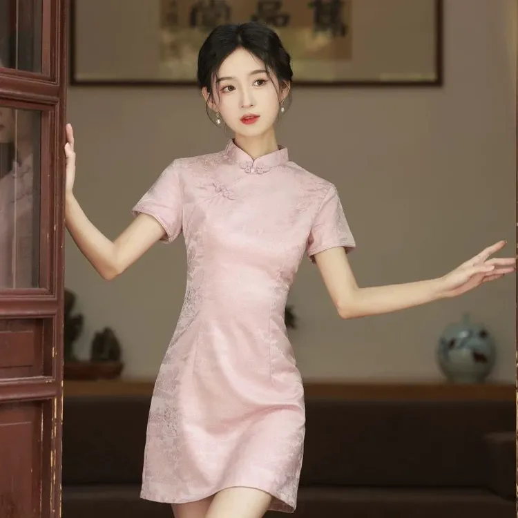 粉色旗袍短款新款2025改良年轻款少女夏季小个子文艺复古日常可穿