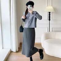 灰色小香风套装开衫上衣2025秋新款+灰色波点直筒半身裙两件套装