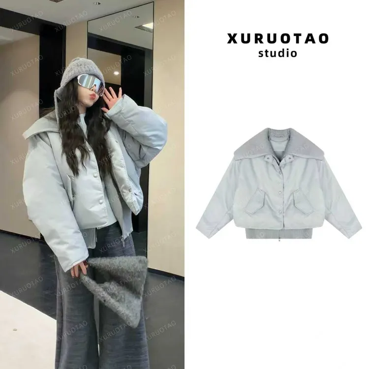 XURUOTAO【雪国列车】针织拼接假两件夹棉设计蓝色棉服外套 T5858