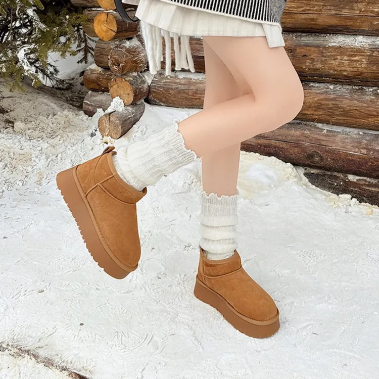 【一博同款】真皮雪地靴女厚底防滑加绒保暖冬季新款百搭短筒棉靴