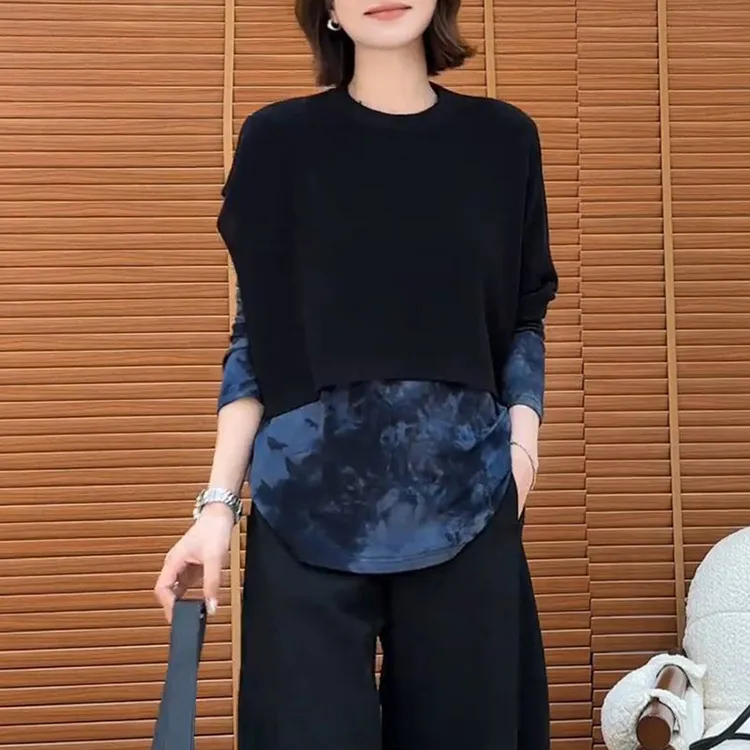 M702+6936时尚设计感长袖印花打底上衣早秋宽松休闲针织马甲套装
