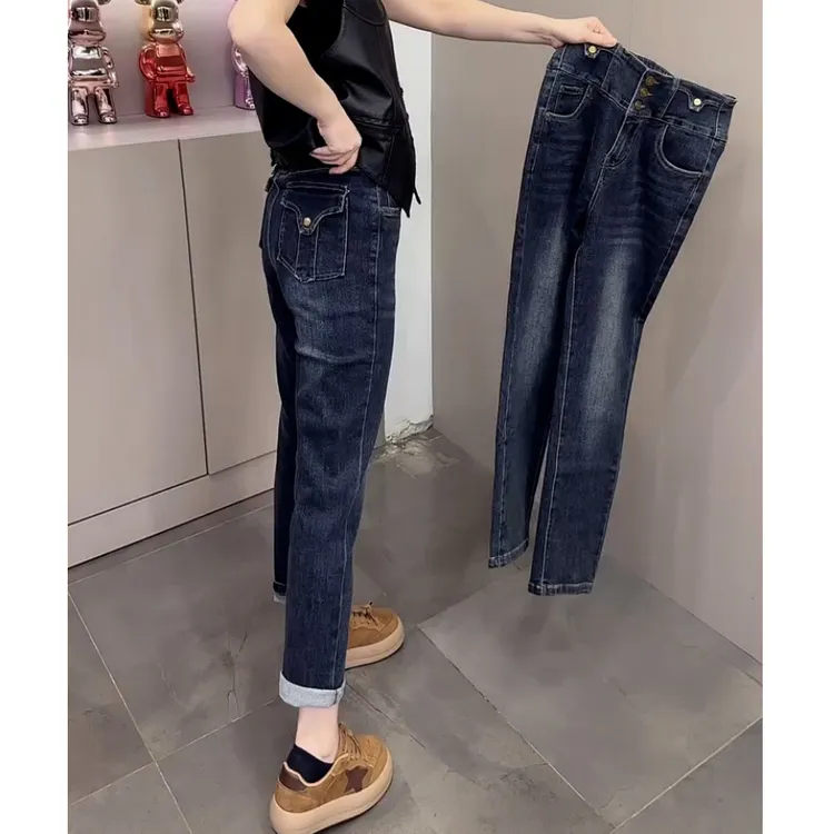 早秋新款高腰直筒牛仔裤女2025大码小个子弹力显瘦修身百搭烟管裤