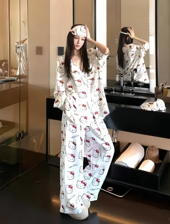 2025新款秋季冰丝睡衣女Hellokitty卡通甜美风长袖长裤套装家居服