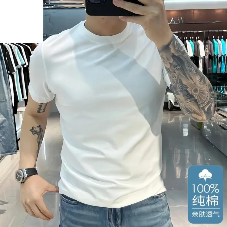 男士纯棉白色短袖t恤男款2025夏季新款爆款纯色修身圆领半袖衣服