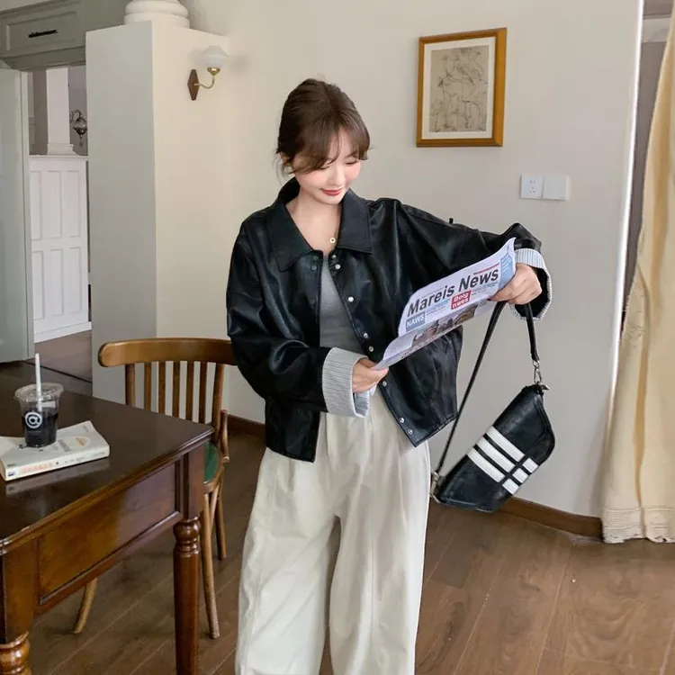 黑色短款皮衣外套女2025春季新款复古老钱风宽松时尚休闲机车夹克