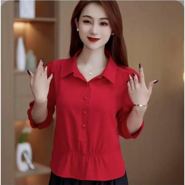 2025夏季新款时尚宽松气质显瘦洋气套头七分袖衬衫女上衣