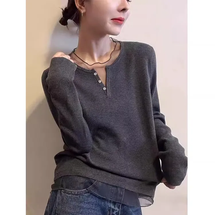 时尚V领长袖打底衫女2025秋冬新款韩版纯色网纱拼接洋气加绒上衣