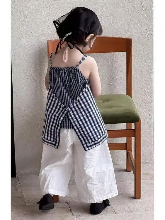 女童森系套装2025夏季新款儿童格子无袖吊带娃娃衫宝宝休闲阔腿裤