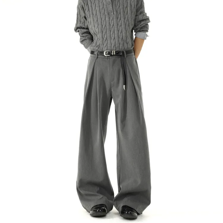 高级感灰色打褶弯刀西裤男女秋季潮cleanfit垂感阔腿裤宽松休闲裤