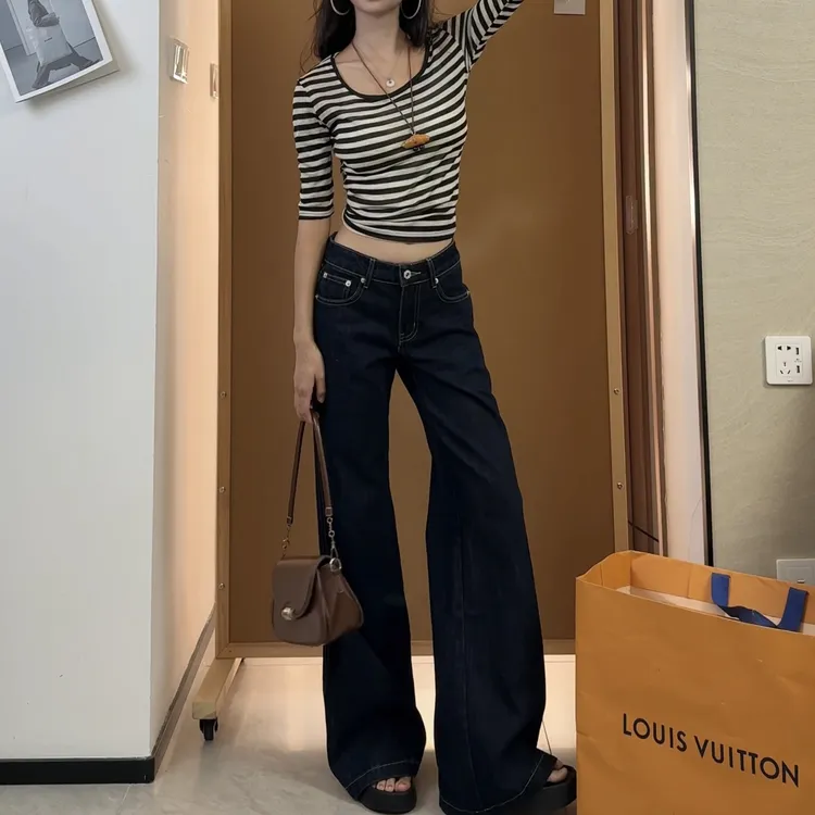 丹宁蓝低腰牛仔裤女2025秋冬新款高腰显瘦宽松直筒阔腿拖地长裤子