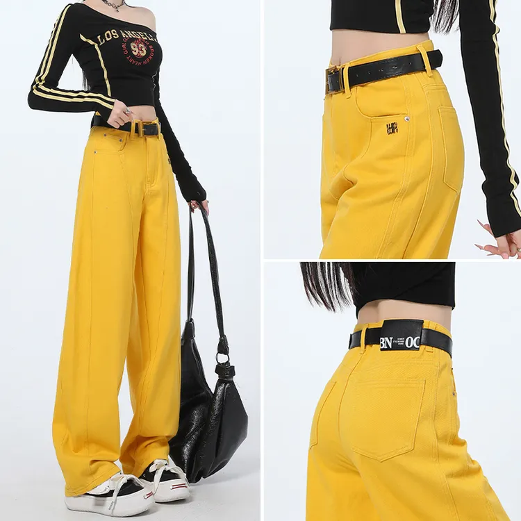 高腰弯刀牛仔裤女宽松黄色2025早秋新款显瘦设计感爆款百搭阔腿裤
