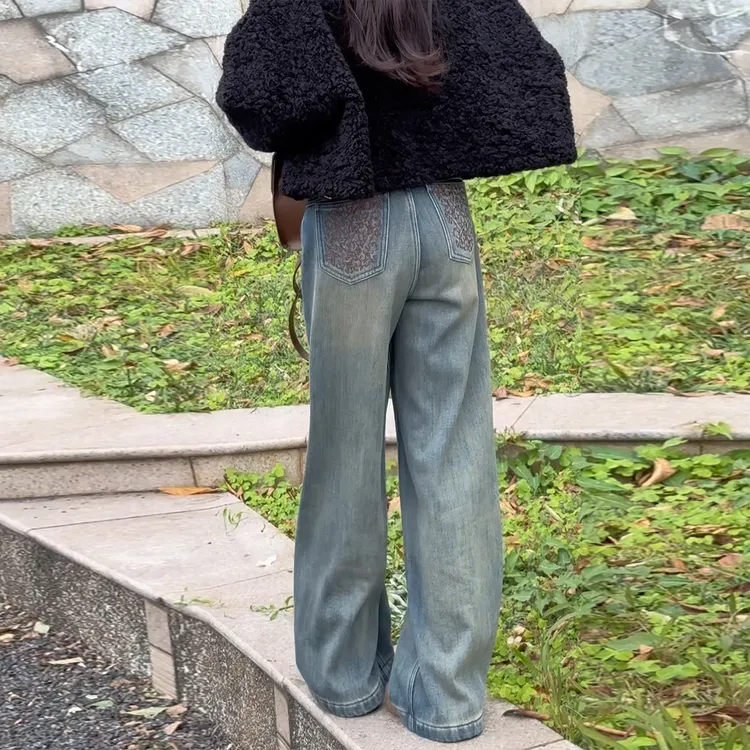 蓝色韩系加绒高腰阔腿牛仔裤女2025冬季新款设计感宽松显瘦拖地裤