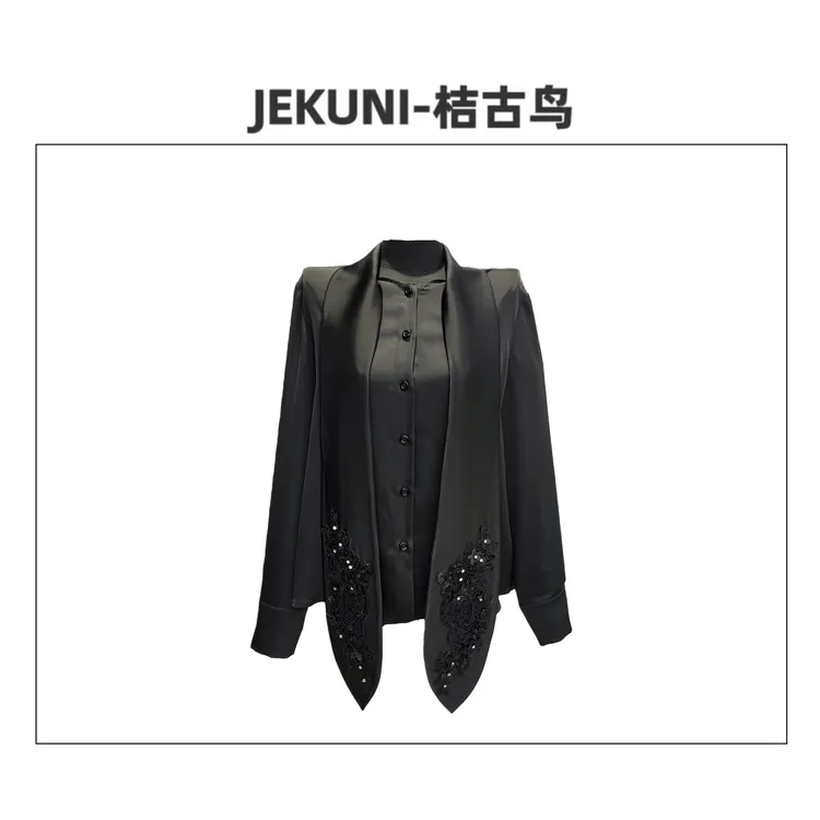 JEKUNI/桔古鸟【丝韵华光】黑色白色钉珠修身显瘦气质长袖衬衫女