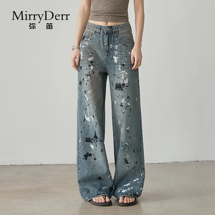 MirryDerr/弥笛时髦泼墨阔腿牛仔裤女2025夏季新款复古潮流直筒裤