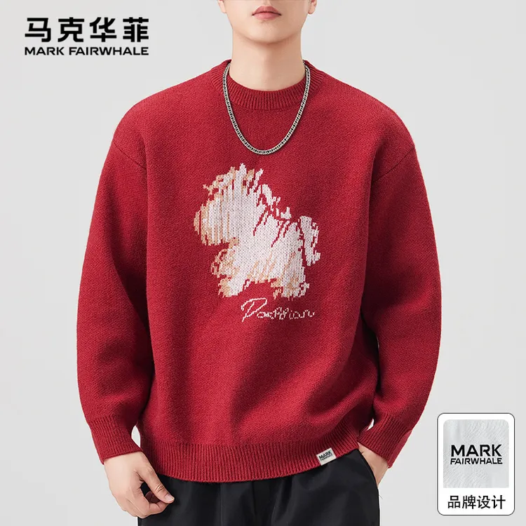 马克华菲红色毛衣男款爆款2025新款秋冬季骏马印花男士宽松针织衫
