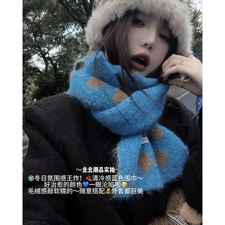 巨显白！蓝色撞色波点围巾冬季加厚保暖针织长款围脖韩系百搭女