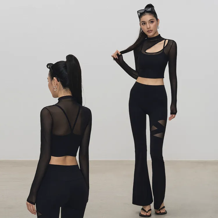 性感镂空瑜伽套装带胸垫透气网纱长袖T恤修身微喇瑜伽裤运动套装