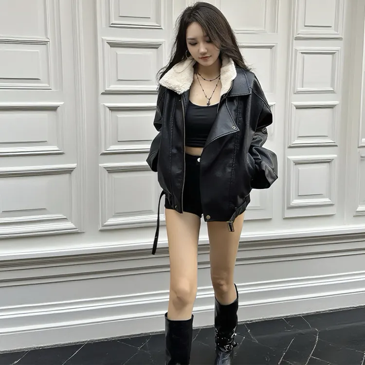 SoulSense高端肌理感阔版双领机车皮衣女秋冬加绒加厚