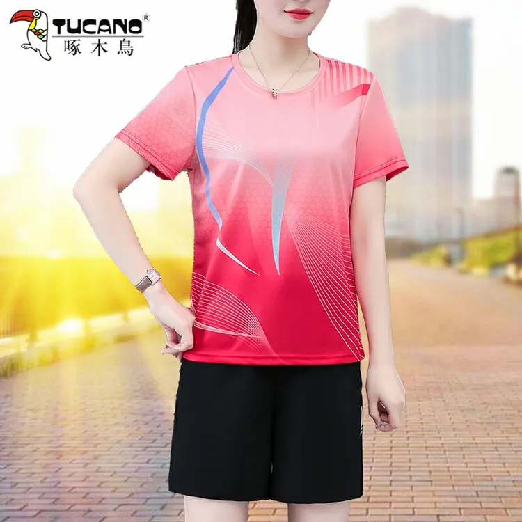 啄木鸟冰丝运动套装女士夏季短袖短裤跑步速干羽毛球训练健身服
