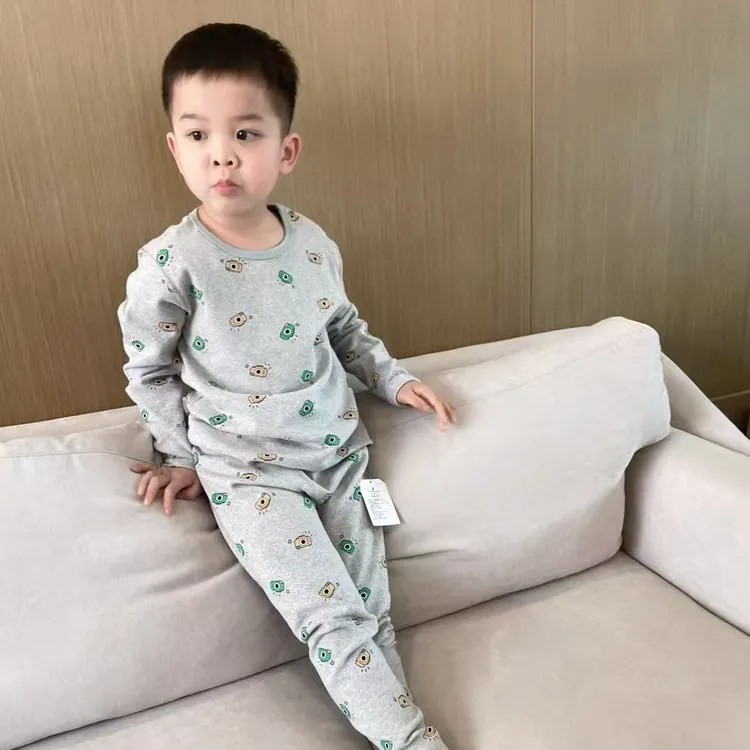 长腿叔叔满印男中大童秋冬棉质莱卡磨毛加厚保暖秋衣秋裤套装