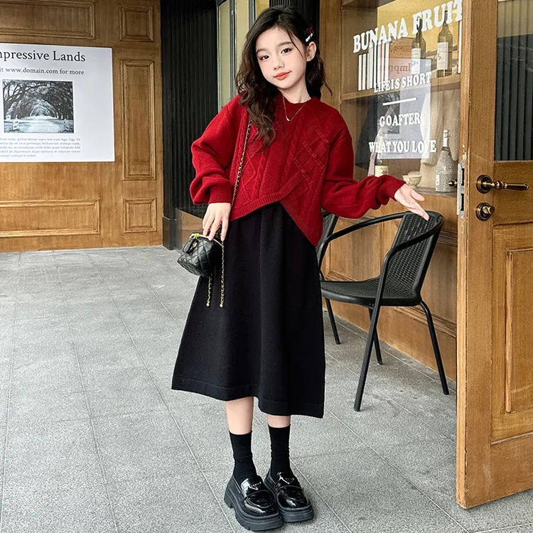 女童国风连衣裙2024秋冬新款加厚毛衣小女孩甜美冬装年服两件套潮