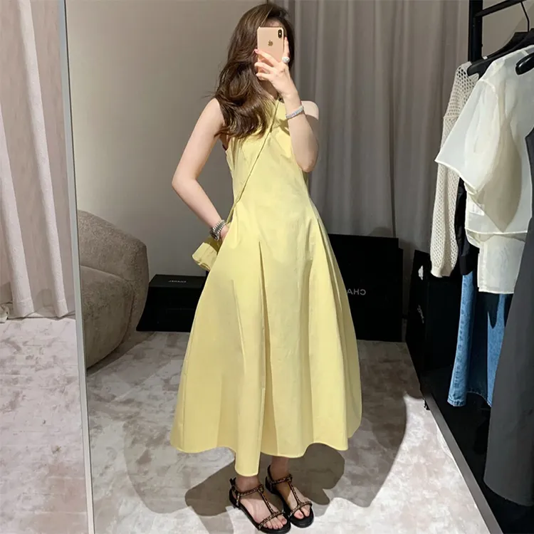爆款掐腰长裙无袖背心吊带黄色连衣裙子女夏季2025新款流行2766