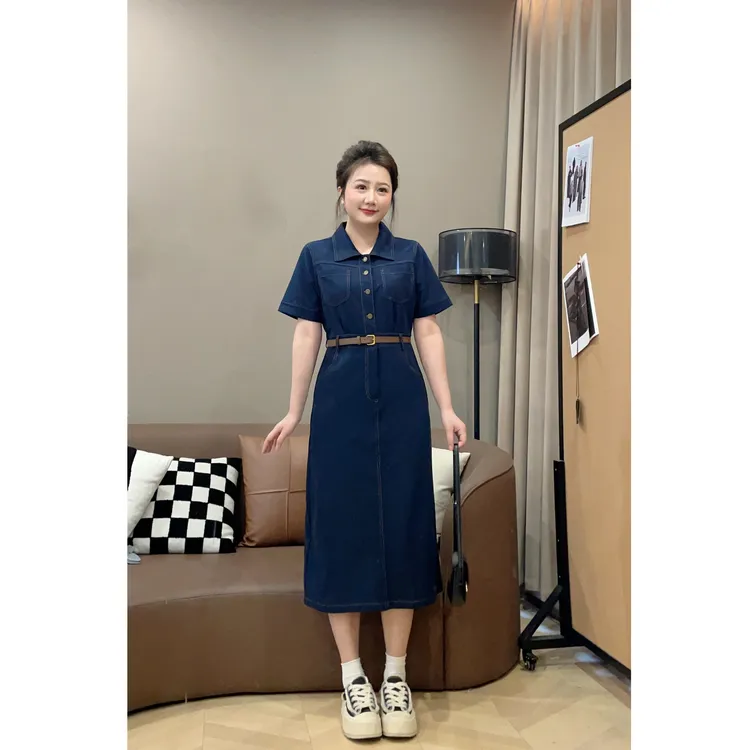 大萌萌 静奢风POLO领收腰中长连衣裙夏季微胖显瘦通勤P225Q05090