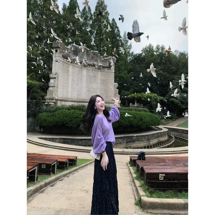 韩系小个子碎花半身裙女秋季2025新款慵懒松弛感长袖紫色毛衣套装