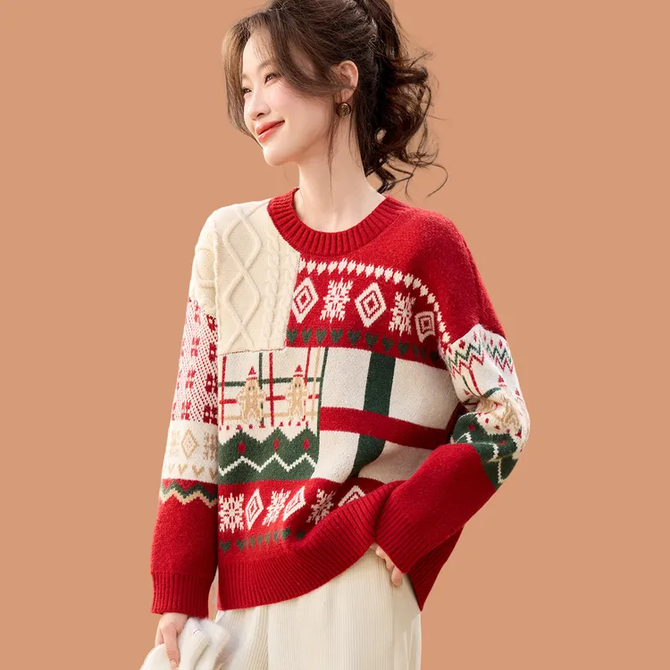 2025冬装新款跨年红色低领毛衣女宽松短款加厚外穿羊毛针织打底衫