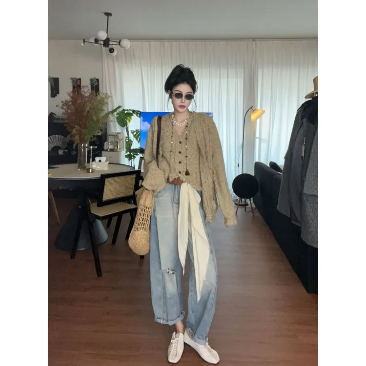 韩系东大门小香风早秋新款松弛感宽松显瘦针织背心开衫外套两件套